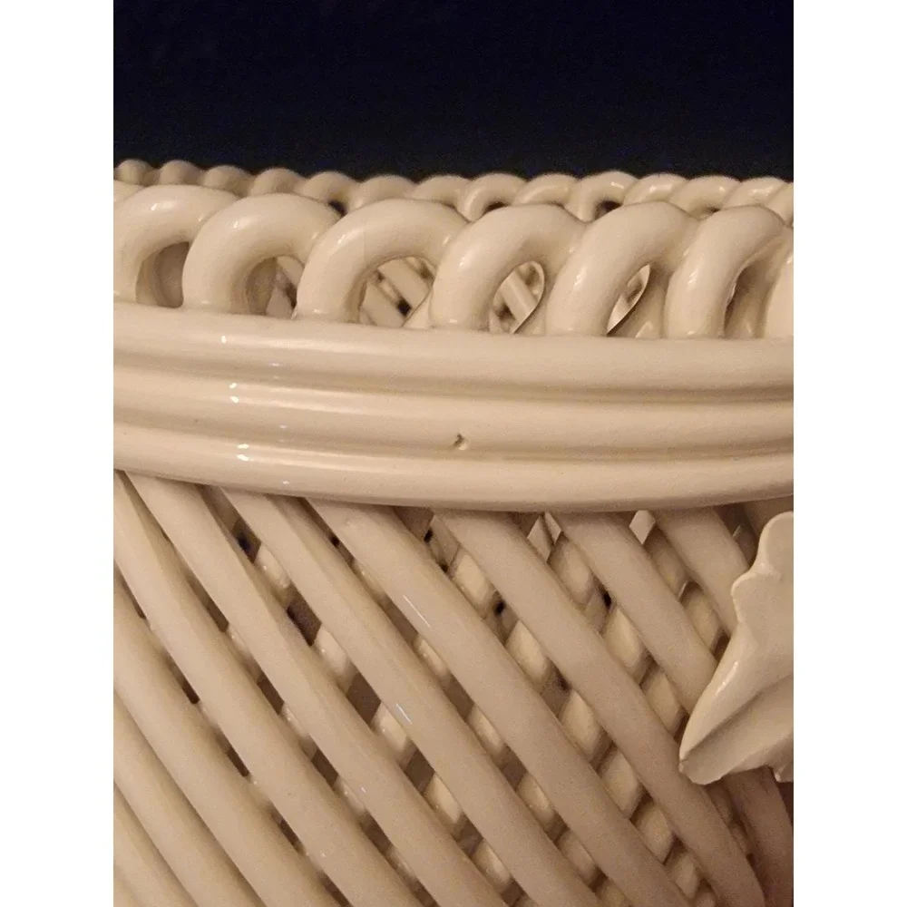 Vintage Made in Italy Ceramic Lattice Basket Planter Grape Vine White 4 inch